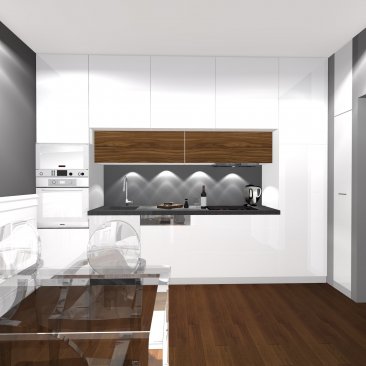 Biała zabudowa i drewniana podłoga w kuchni - projekt wnętrza